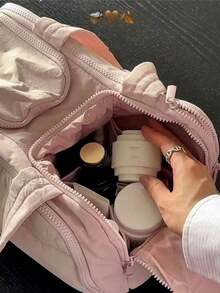 Women's Makeup Bag, Handheld Style, Quilted Nylon, Multi-Zipper, Large Capacity, Portable, For Travel And Home Use (Gift Bag Not Included) - Pink - View 4