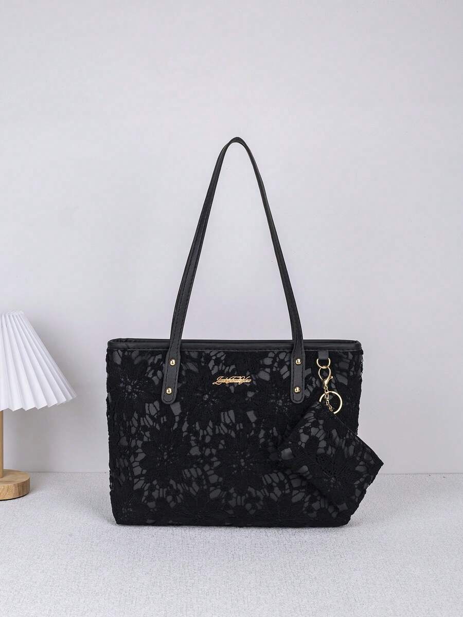 Women Floral Lace Tote Bag Set, Large Capacity Shoulder Handbag With Mini Coin Purse, Ladies Top Handle Bag For Casual Daily Shopping Travel Beach - 4 Colors - View 1