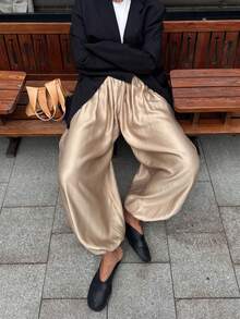 Slouchy Loose Drapey Satin Texture Lantern Pants Long Pants For Vacation Daily Travel - Gold - View 3
