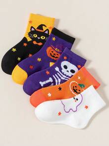 5 Pairs Kids Halloween Themed Mid-Calf Socks, Pumpkin, Ghost And Black Cat Color Block Pattern, Boys Girls Holiday Party Socks - Multicolor - View 14