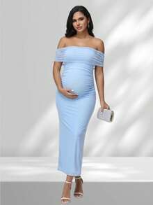 JustVH Elegant Maternity Tulle Off-Shoulder Pleated Sleeveless Summer Dress, Suitable For Baby Shower Party Photos Fall - Blue - View 1
