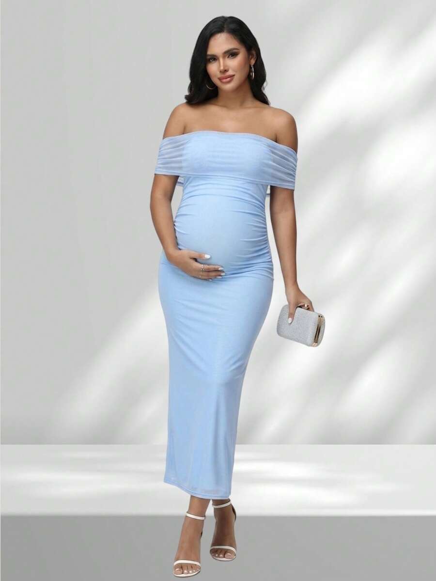 JustVH Elegant Maternity Tulle Off-Shoulder Pleated Sleeveless Summer Dress, Suitable For Baby Shower Party Photos Fall - Blue - View 1