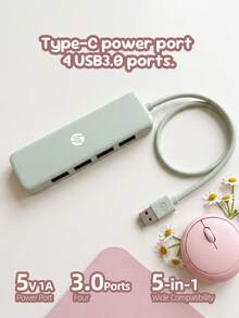 HP 4合1擴充塢 DHC-CT100D，USB-A 2.0，1對4，USB2.0*4，Type-C*1，高效文件傳輸，便攜多功能擴充塢，即插即用，清新綠，適合送禮與辦公使用 - 查看 1