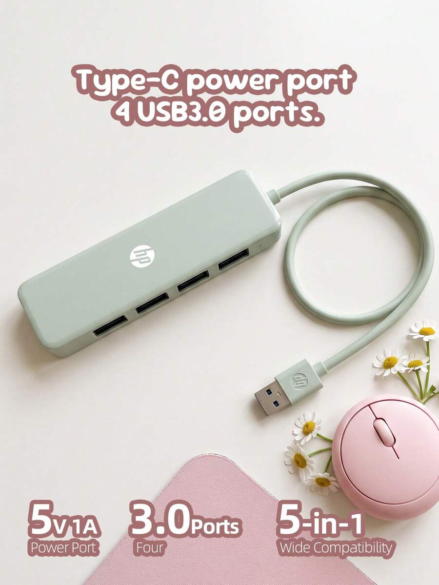 HP 4合1擴充塢 DHC-CT100D,USB-A 2.0,1對4,USB2.0*4,Type-C*1,高效文件傳輸,便攜多功能擴充塢,即插即用,清新綠,適合送禮與辦公使用 - 查看 1