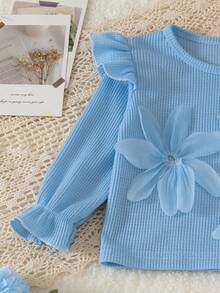 2pcs Baby Girl Fresh Girl Style Flutter Sleeve 3D Tulle Flower Long Sleeve Top & Large Floral Hem Flared Long Pants Set, Spring/Autumn - Baby Blue - View 5