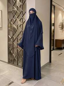 1 set Abaya Muslimah Sederhana, Gaun Maxi Lengan Mengembang Berkerut dengan Khimar Niqab yang Serasi, Pakaian Sholat Islami Longgar Bertekstur Kerut untuk Wanita - MultiWarna - View 10