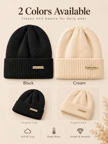 1pc Classic Metal Tag Knit Beanie, Unisex Solid Color Ribbed Rolled Edge Brimless Casual Hat, Soft & Warm For Autumn/Winter Daily Wear - Metal Logo Solid Color - View 4