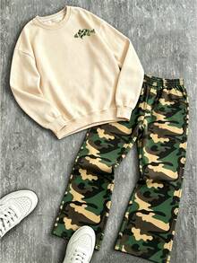 Boys 2-Piece Set, Camouflage Fish Print Crew Neck Sweatshirt + Camouflage Wide Leg Elastic Waist Pants, Children's Casual Daily Outfit - Multicolor - View 3