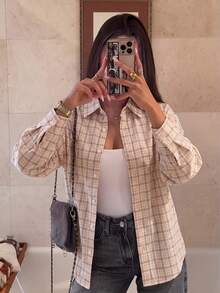 Women's Short Plaid Collar Shirt, Neutral Tone Plaid, Long Sleeve Button Front Top - White - View 1