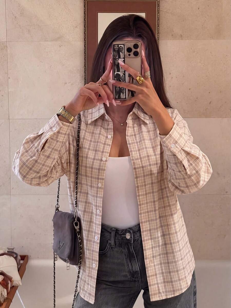 Women's Short Plaid Collar Shirt, Neutral Tone Plaid, Long Sleeve Button Front Top - White - View 1