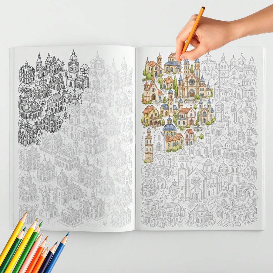 Architecture & Vintage Timepiece Coloring Activity Notebooks, Houses Buildings Churches Clocks & Watches Line Art, Sketch Trace Coloring Practice, Detailed Creative Drawing, Relaxing Art Activities For Beginners, Teens & Adults - Architecture & Vintage Line Art - View 1