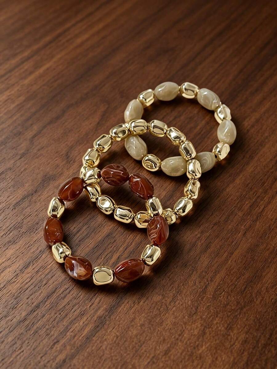 3pcs/Set Fashionable Retro Exaggerated Bohemian Thick Multi-Layer Acrylic Beaded Bracelet For Women
