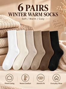 6 Pairs Women's Warm Thick Fleece Mid-Calf Socks, Autumn/Winter - Multicolor - View 5