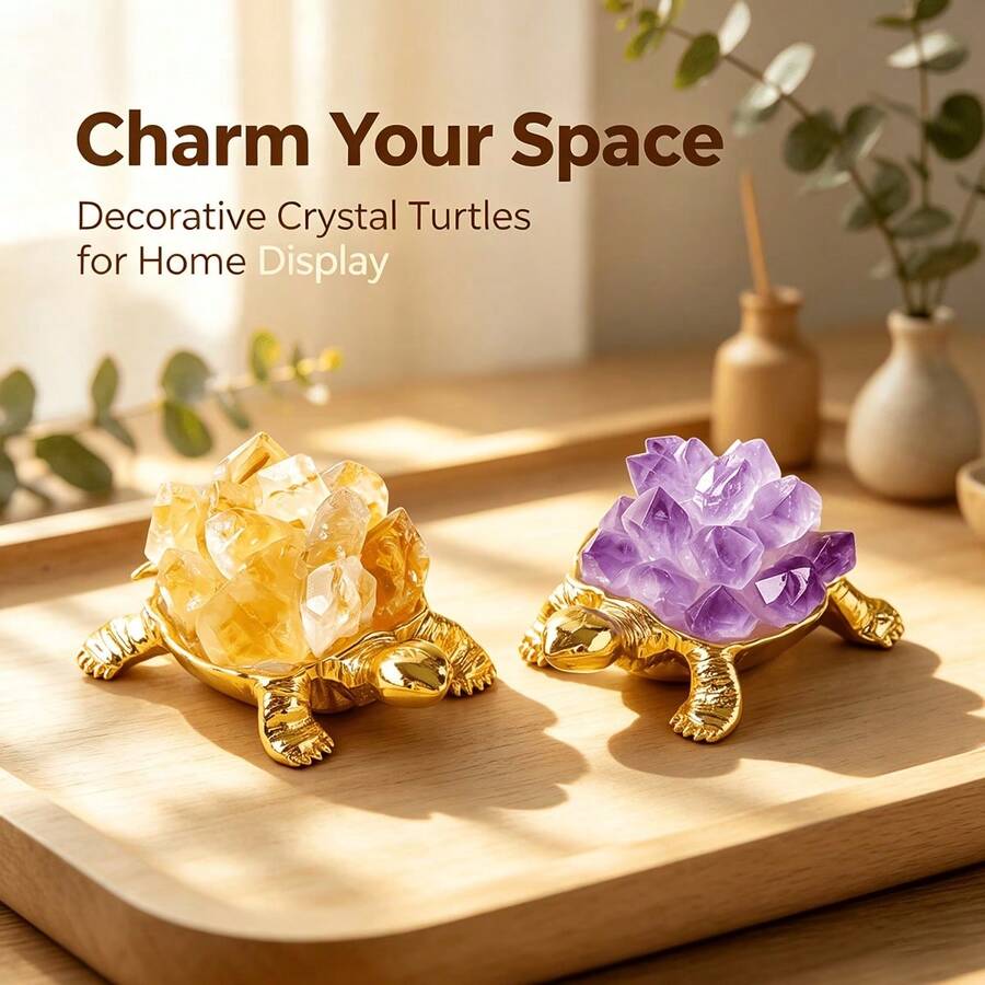 1pc Natural Crystal Cluster Turtle FigurineMetal Tortoise Statue With Amethyst Citrine Clear Quartz ClusterDesktop Decor OrnamentGift For Home Office - Mini Turtle - View 1