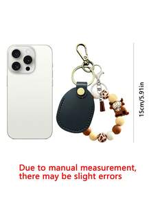 Cute Retro Style Highland Cattle Bead Bracelet PU Leather Keychain, Access Card Holder Tassel Decor Bag, Charm Car Key Ring Gift, Unisex, Daily Essential, Birthday, Ramadan, Christmas Gift - Multicolor - View 9