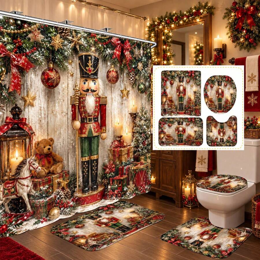 1pc/4pcs Nutcracker Soldier Pattern Multi-Functional Bathroom Decor Shower Curtain Set, Free 12 Hooks, Premium Holiday Atmosphere, Bathroom Mat, U-Shaped Floor Mat And Round Toilet Lid Cover, Suitable For All Occasions, Bathroom Set - Nutcracker Soldier - View 1