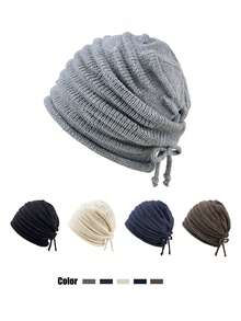 1pc Women's Autumn/Winter Drawstring Knit Beanie Hat, Slouchy Knit Cap, Unisex Loose Large Head Circumference Fashion Cold Weather Hat - Multicolor - View 1