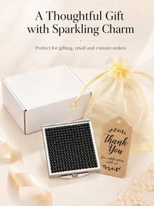 1pc Square Rhinestone Double-Sided Folding Makeup Mirror, 60mm Mini Portable Travel Mirror, 1X High Definition Mirror With Silver Metal Frame, Compact Touch-Up Mirror, Comes With Organza Bag, White Packaging Box And Thank You Card, Exquisite Gift Suitable For Daily Carry - Multicolor - View 3