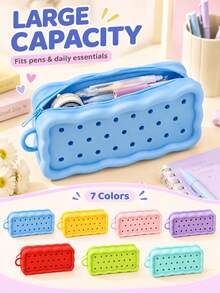 1pc Cute Back To School Pencil Case, Solid Color Perforated Round Holes & Wavy Edge Design, Rectangular Zipper Silicone Pencil Pouch With Carrying Loop, Large Capacity Stationery Storage Bag, Essential For Students Campus And Daily Use - Multicolor - View 1