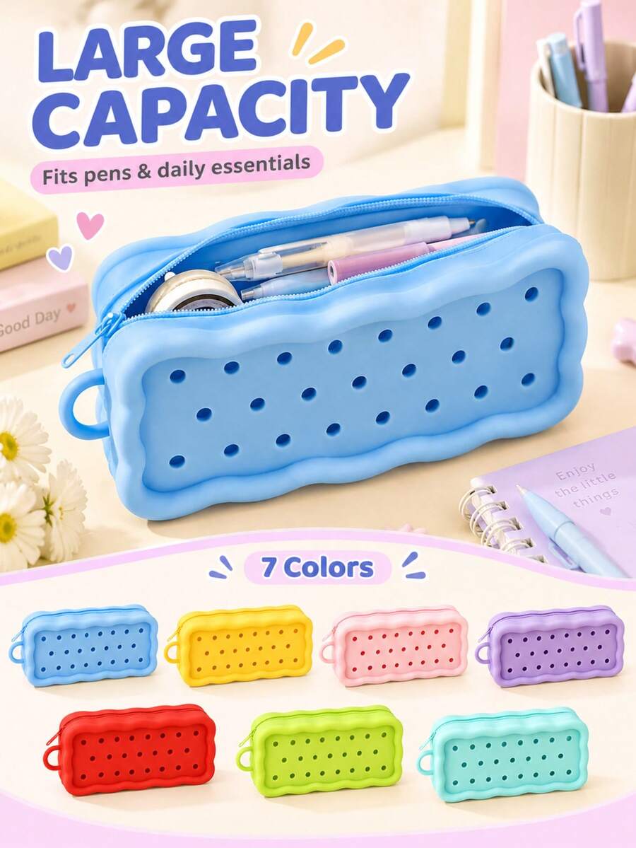 1pc Cute Back To School Pencil Case, Solid Color Perforated Round Holes & Wavy Edge Design, Rectangular Zipper Silicone Pencil Pouch With Carrying Loop, Large Capacity Stationery Storage Bag, Essential For Students Campus And Daily Use - Multicolor - View 1
