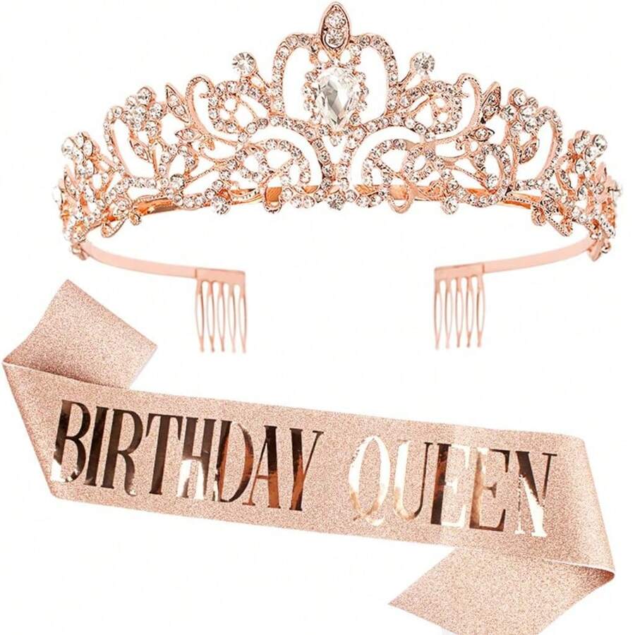 Dekorasi Ulang Tahun Rose Gold untuk Wanita, Selempang dan Mahkota Tiara, Mahkota Selamat Ulang Tahun untuk Wanita Dewasa, Perlengkapan Dekorasi Pesta, Bando Berlian Imitasi, Berkilau - Emas mawar - View 1