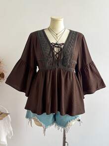 Rusttydustty Women's Plus Size Brown V-Neck Tie Lace Patchwork Bohemian Vacation Style Top, Suitable For Autumn/Winter, Halloween Outfit - Brown - View 7