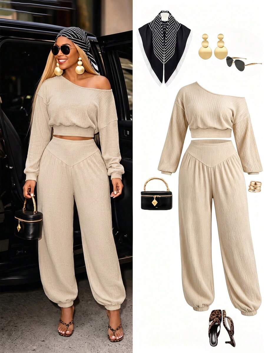 Aliling Autumn/Winter Women's Solid Color V-Neck Long Sleeve Cropped Top + Lantern Pants 2 Pieces Set, Asymmetrical Shoulder Design, Elastic Textured Fabric, Suitable For Daily Outings And Shopping - Apricot - View 1