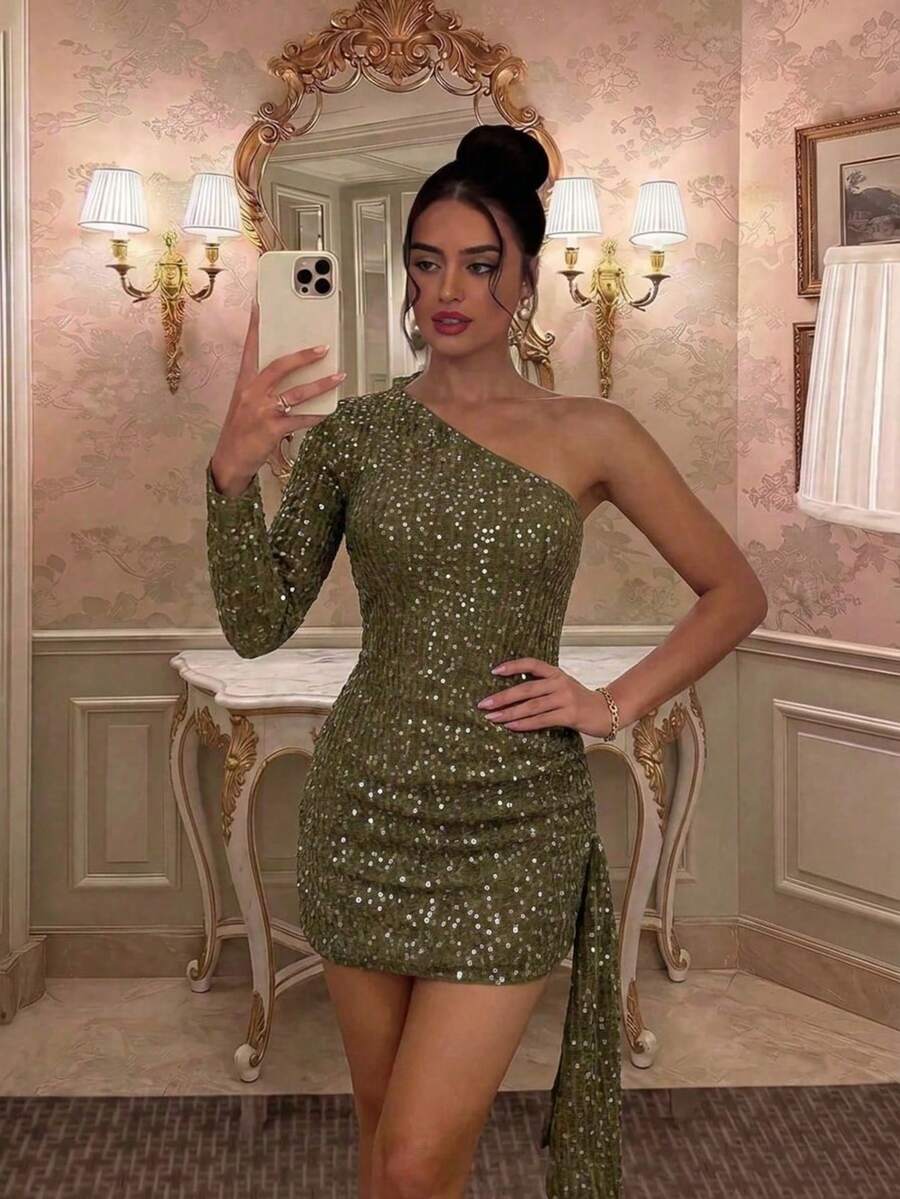 Women's Army Green One Shoulder Sequin Mini Dress, Ruched Low Elasticity Slim Fit, Suitable For Cocktail Parties And Night Out - Army Green - View 1