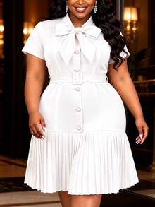 Plus Size White Midi Dress Bow Tie Collar Short Sleeve Button Front Pleated Hem With Belt Elegant Church Office Work Wear - White - View 4