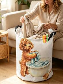 Watercolor Teddy Dog Pattern Design Foldable Laundry Basket With Laundry Clips, Breathable Fabric Dirty Clothes Bin, Bathroom Bedroom Storage Box, Miscellaneous Storage Basket, Suitable For Bathroom Bedroom Living Room, Home Gift - Multicolor - View 1