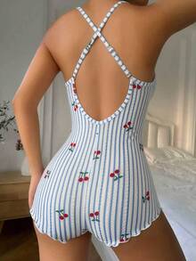 Women's Fashion Fresh Striped Cherry Pattern Lace Patchwork Camisole Jumpsuit Pajamas - Baby Blue - View 2