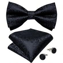 4Pcs Men Black Floral Jacquard Bow Tie Pocket Square Cufflinks Boutonniere Set For Wedding Business Party - Black - View 5