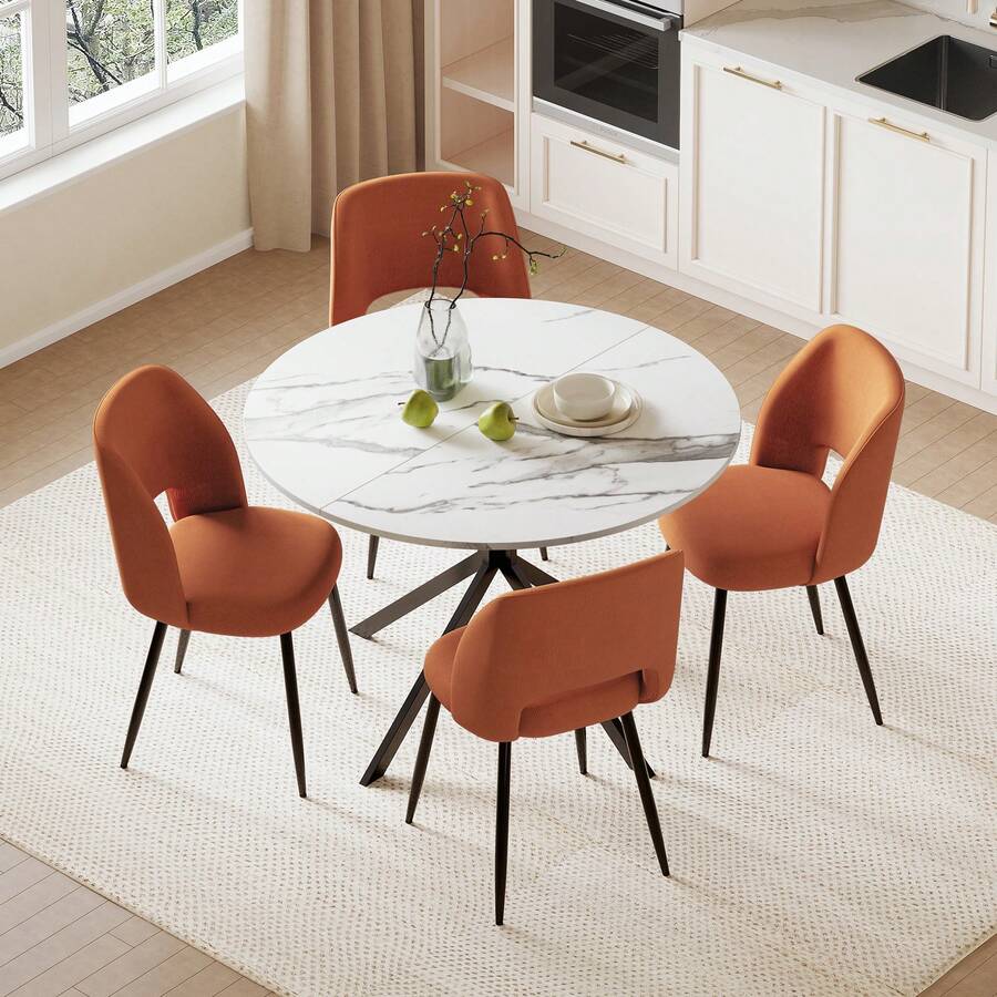 Folding Dining Table And Chairs Set Of 4, Easy Clean Round Dining Table With Padded Chairs Durable Dining Furniture Set Suitable For Dining Room And Kitchen - White Table + Orange Chair - View 1