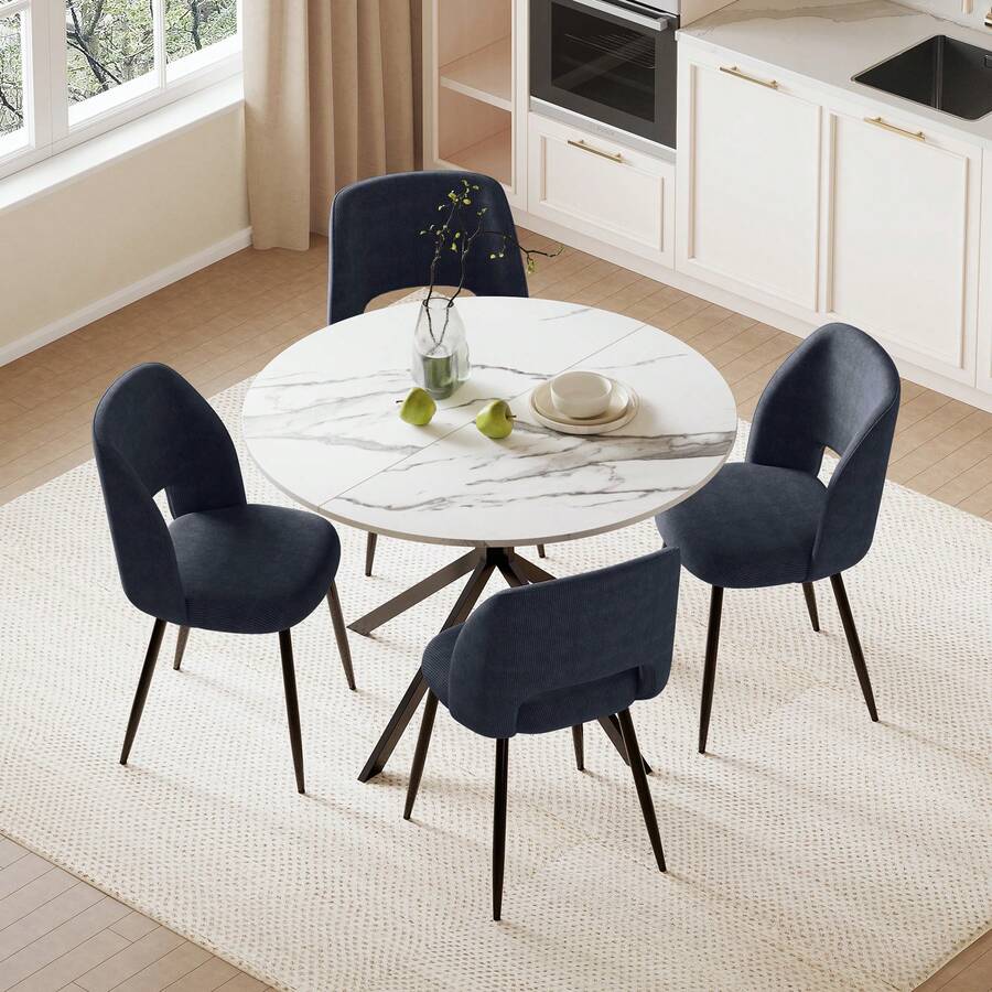 Folding Dining Table And Chairs Set Of 4, Easy Clean Round Dining Table With Padded Chairs Durable Dining Furniture Set Suitable For Dining Room And Kitchen - White Table + Dark Blue Chair - View 1