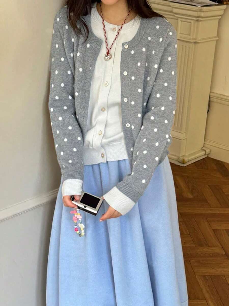 Jaket Kardigan Rajut 2 in 1 Motif Polkadot Wanita, Dua Warna, Patchwork Acak - Grey - View 1