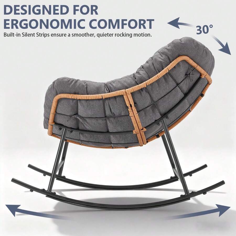 Indoor Outdoor Grey Rocking Chair, Oversized Wide Papasan Recliner Lounge Rocker With Thick Cushion For Balcony Garden Living Room Home - Grey - View 1