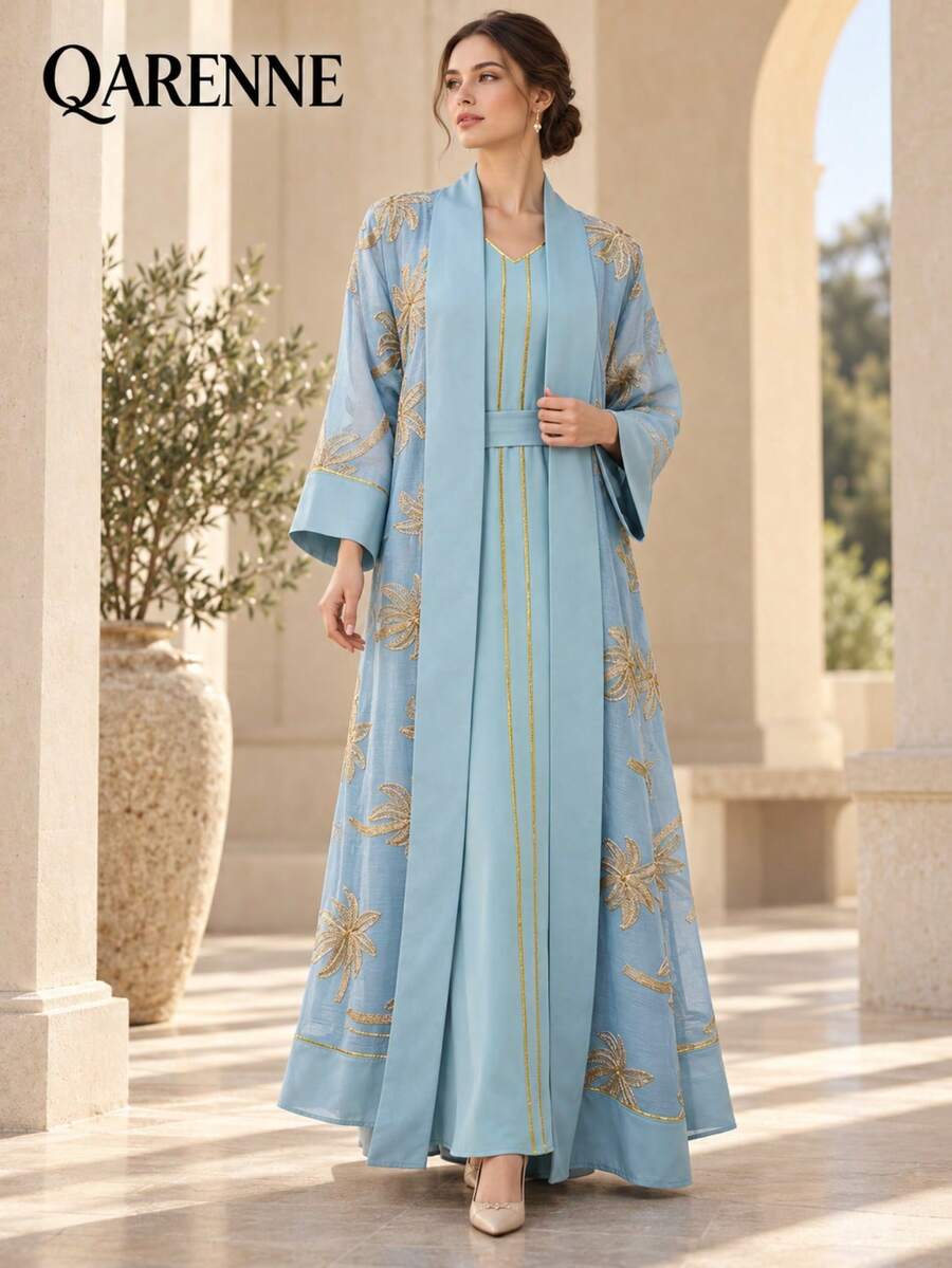 2‑Piece Golden Palm Leaf Embroidered Kaftan Set, Open Front Long Sleeve Loose Floor‑Length Formal Evening Maxi Dress With Belt