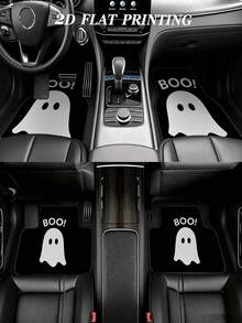 4-Piece Non-Slip Polyester Car Floor Mats – "Happy Halloween" BOO Ghost/Spooky Design – Suitable For Sedans And SUVs – Interior Accessories – Floor Protection - A - View 1