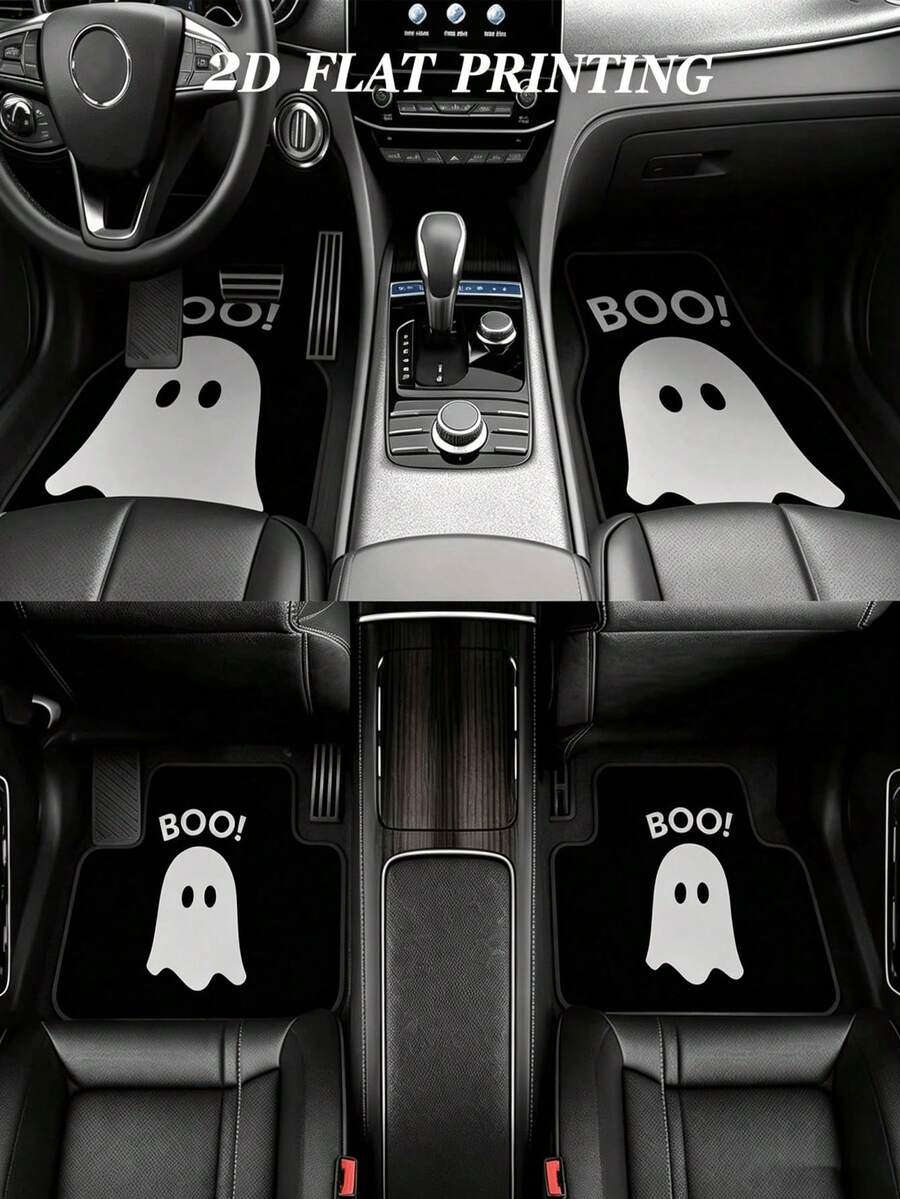 4-Piece Non-Slip Polyester Car Floor Mats – "Happy Halloween" BOO Ghost/Spooky Design – Suitable For Sedans And SUVs – Interior Accessories – Floor Protection - A - View 1