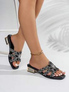 Luxury Sparkling Rhinestone Hollow Out Slide Sandals, Beach Vacation Low Chunky Heel Square Toe Outdoor Wear - Black - View 6