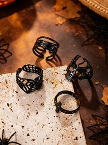 4pcs Stainless Steel Halloween Black Ring Set, Gothic Skull Spider Web Open Rings, Dark Cool Party Gathering Photo Shoot Costume Decoration Hand Jewelry - Black - View 5