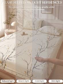1pc Beige Plum Blossom Pattern Fitted Sheet, Mattress Protector, Mattress Cover, Fitted Sheet, Soft & Breathable, Fits All Bed Sizes - Twin, Full, Queen, King, Deep Pocket Up To 11.8 Inches, Machine Washable. Back To School Dorm Essential - Beige - View 4