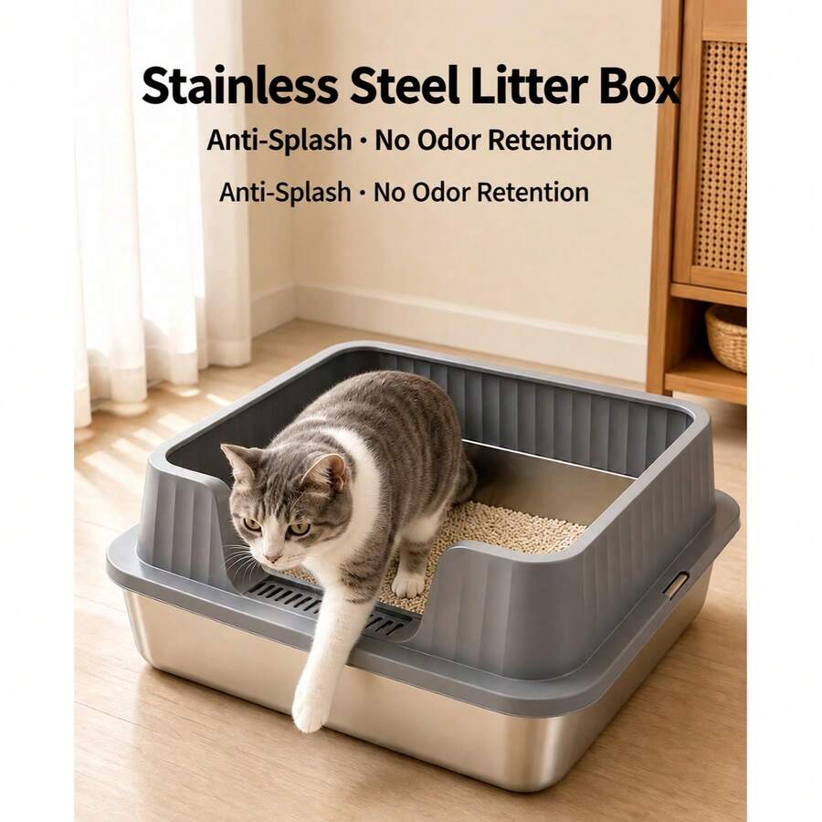1pc Extra Large Stainless Steel Cat Litter Box, High Edge Splash Guard, Detachable And Easy To Clean, Suitable For Indoor Cats - one-size - View 1