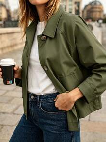 Short Lapel Utility Jacket, Back Button Detail, Loose Fit Autumn/Winter Outerwear, Suitable For Casual Outdoor Activities - Army Green - View 4