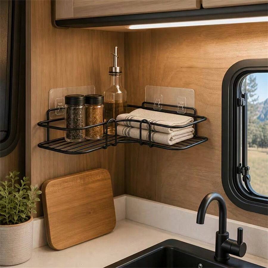 1pc RV Corner Storage Rack, No-Drill Triangle Shelf For Camping Vehicle, Invisible Transparent Adhesive Wall Mount, Travel Trailer Kitchen Guardrail Anti-Fall Iron Mesh Rack - Black/1Pc - View 1
