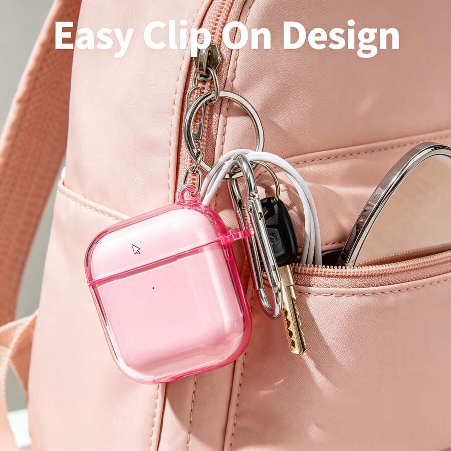 1pc Transparent TPU Shockproof Earphone Protective Case With Metal Clip, Compatible With All Apple Models (1st Gen, 2nd Gen, 3rd Gen, 4th Gen, Pro, Pro 2), Scratch-Resistant And Durable - Transparent Powder - View 1