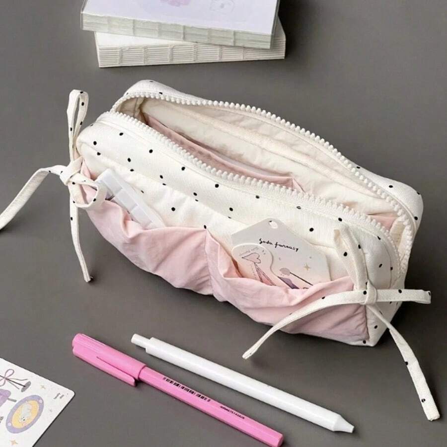 White Snowflake Pattern Pencil Case, Large Capacity Student Pencil Box, Cosmetic Storage Bag, Stationery, Simple And Unique - Multicolor - View 1