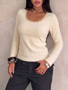 Women's Fitted Thermal Lace Trim U-Neck Long Sleeve Top, Soft Warm Casual Basic Shirt For Fall Winter, Pink, Holiday Outfit - Pink - View 6