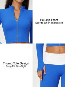 NcmRyu Women's 1pc Solid Color Stand Collar Zip-Up Thumbhole Cuff Short Jacket Coat, Autumn/Winter - Blue - View 4