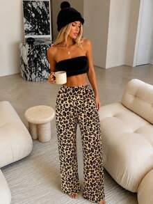 1pc Plush Loose Leopard Print Elastic Waist Long Pajama Pants - Black - View 6